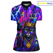 Load image into Gallery viewer, Front view personalized bowling quarter zip shirt with a crowned cat holding a bowling ball, blended with colorful paint strokes and graphic patterns.