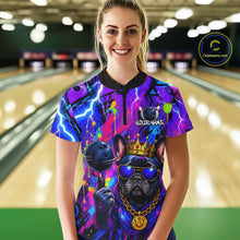 Load image into Gallery viewer, Women wearing personalized bowling quarter zip shirt with a crowned bulldog holding a bowling ball, surrounded by paint effects and bold graphic patterns.