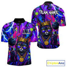 Load image into Gallery viewer, Front and back view personalized bowling quarter zip shirt with a crowned cat holding a bowling ball, blended with colorful paint strokes and graphic patterns.