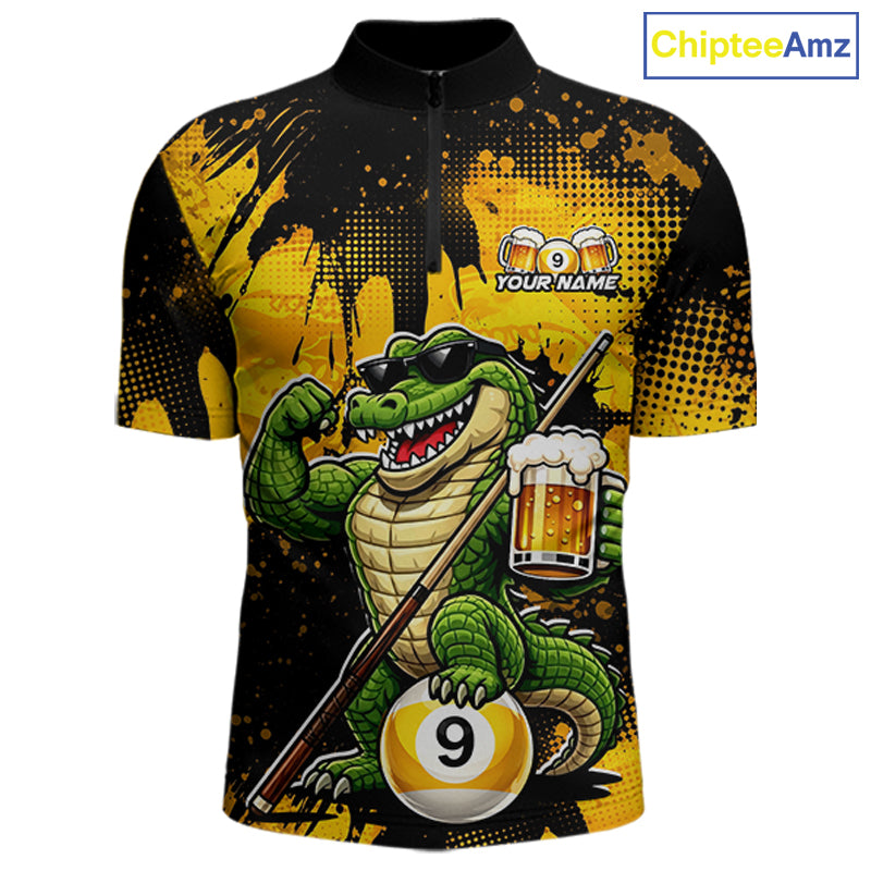 Custom Beer Alligator 9 Ball Billiard Shirts for Men Billiard Team Jerseys Billiard League Polo & 1/4 Zip NNT289