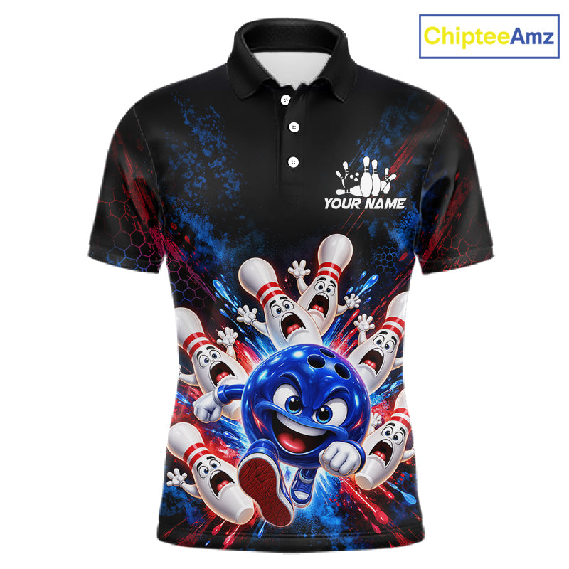 Custom Funny Blue Bowling Ball and Pins Bowling Team Jerseys for Men Bowling League Shirt HNT574