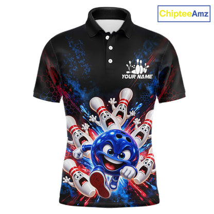 Custom Funny Blue Bowling Ball and Pins Bowling Team Jerseys for Men Bowling League Shirt HNT574