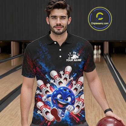 Custom Funny Blue Bowling Ball and Pins Bowling Team Jerseys for Men Bowling League Shirt HNT574