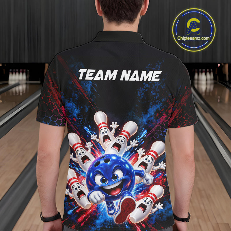 Custom Funny Blue Bowling Ball and Pins Bowling Team Jerseys for Men Bowling League Shirt HNT574