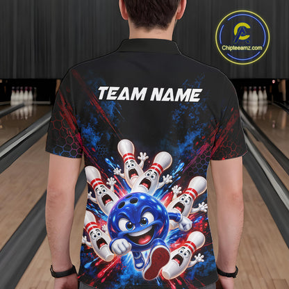 Custom Funny Blue Bowling Ball and Pins Bowling Team Jerseys for Men Bowling League Shirt HNT574