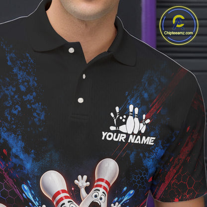 Custom Funny Blue Bowling Ball and Pins Bowling Team Jerseys for Men Bowling League Shirt HNT574