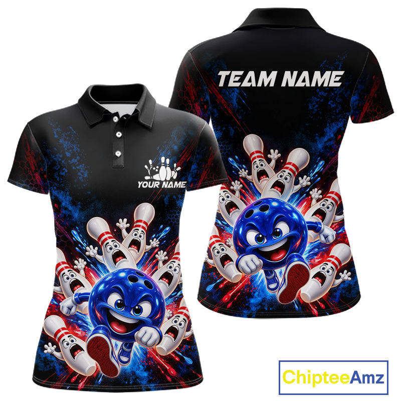 Custom Funny Blue Bowling Ball and Pins Bowling Team Jerseys for Women Bowling League Shirt HNT574