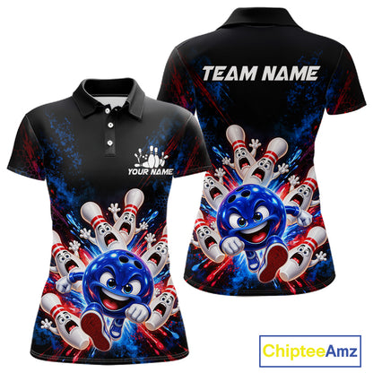Custom Funny Blue Bowling Ball and Pins Bowling Team Jerseys for Women Bowling League Shirt HNT574