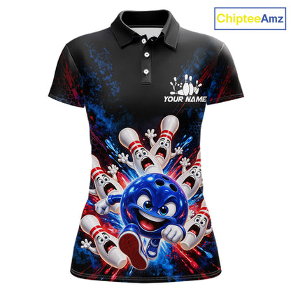 Custom Funny Blue Bowling Ball and Pins Bowling Team Jerseys for Women Bowling League Shirt HNT574