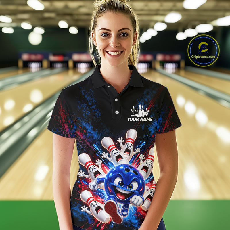 Custom Funny Blue Bowling Ball and Pins Bowling Team Jerseys for Women Bowling League Shirt HNT574