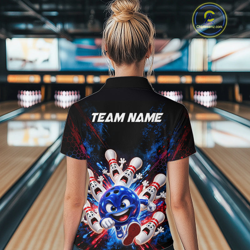 Custom Funny Blue Bowling Ball and Pins Bowling Team Jerseys for Women Bowling League Shirt HNT574