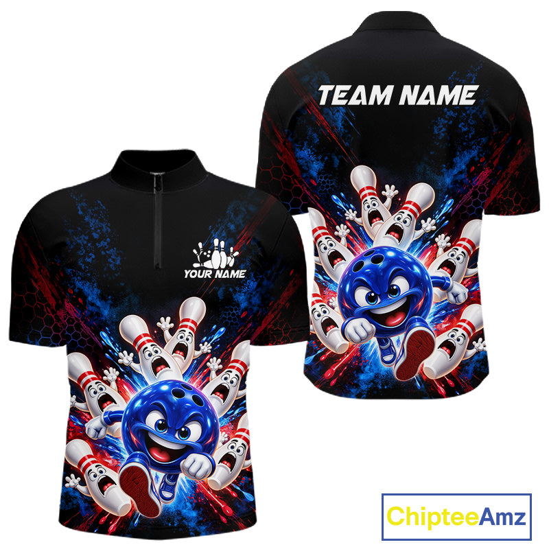Custom Funny Blue Bowling Ball and Pins Bowling Team Jerseys for Men Bowling League Shirt HNT574