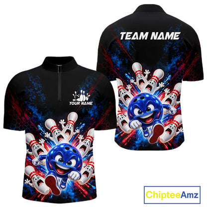 Custom Funny Blue Bowling Ball and Pins Bowling Team Jerseys for Men Bowling League Shirt HNT574
