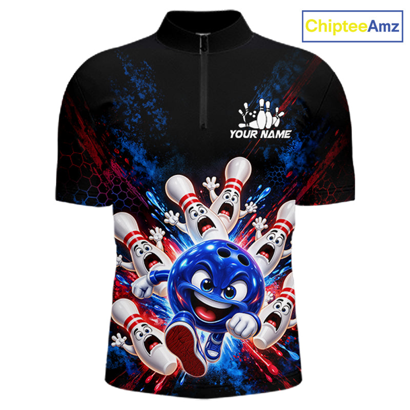 Custom Funny Blue Bowling Ball and Pins Bowling Team Jerseys for Men Bowling League Shirt HNT574
