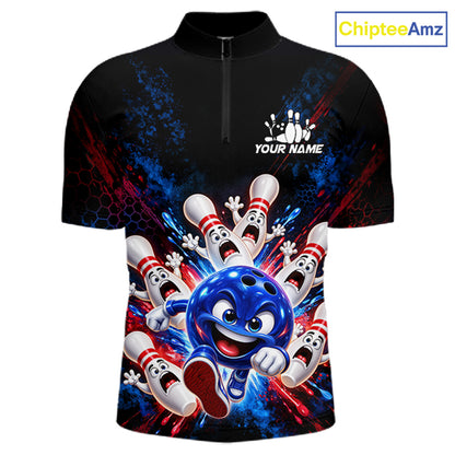 Custom Funny Blue Bowling Ball and Pins Bowling Team Jerseys for Men Bowling League Shirt HNT574