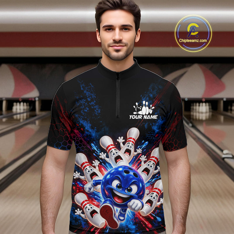 Custom Funny Blue Bowling Ball and Pins Bowling Team Jerseys for Men Bowling League Shirt HNT574