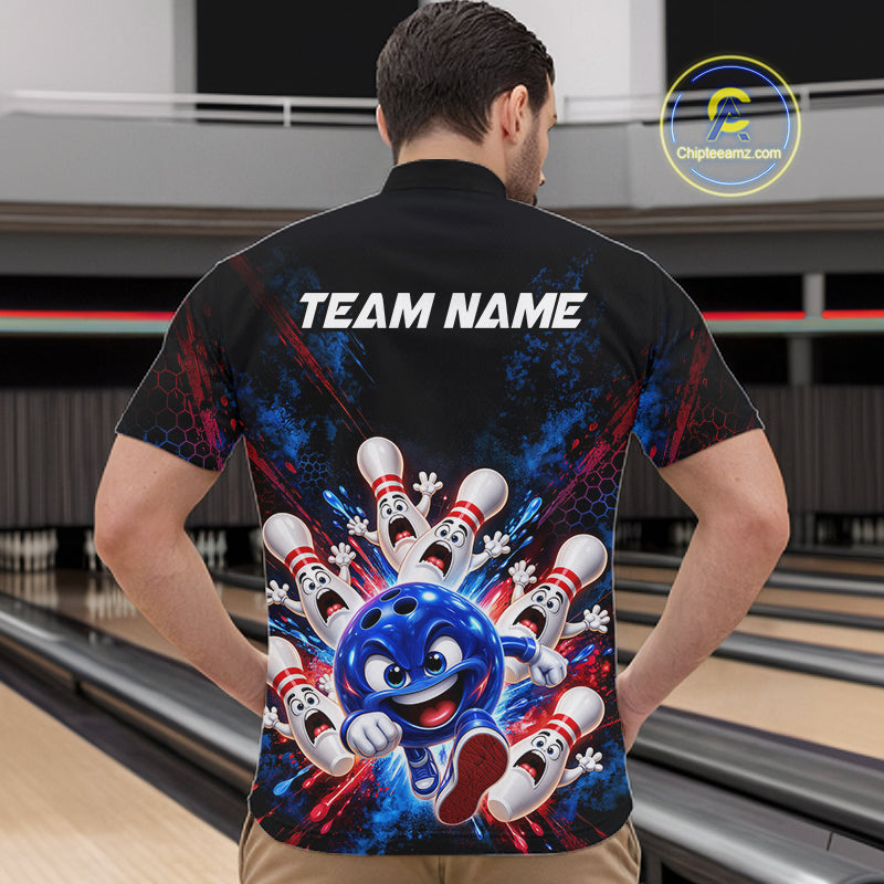 Custom Funny Blue Bowling Ball and Pins Bowling Team Jerseys for Men Bowling League Shirt HNT574