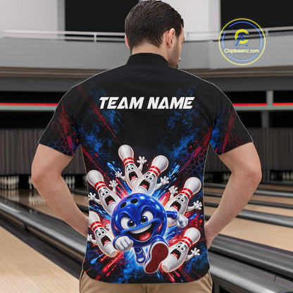 Custom Funny Blue Bowling Ball and Pins Bowling Team Jerseys for Men Bowling League Shirt HNT574