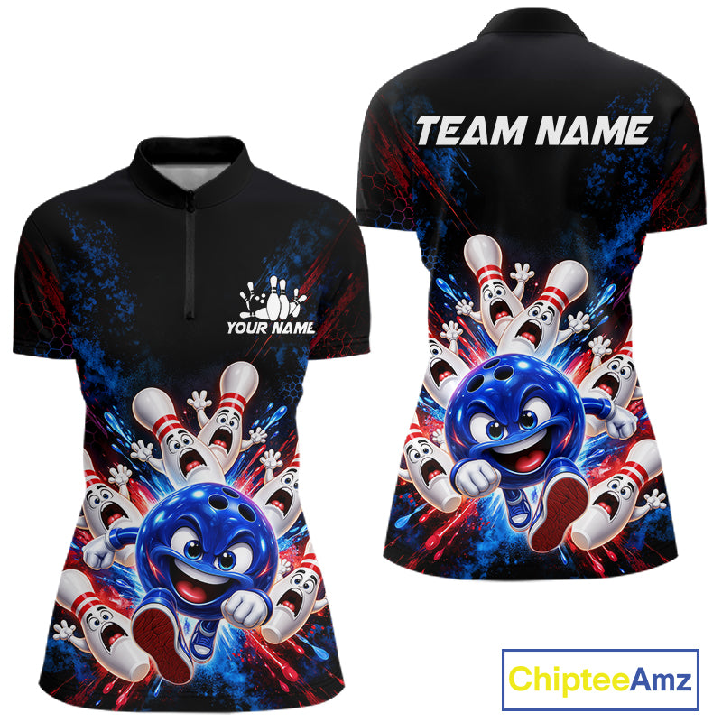 Custom Funny Blue Bowling Ball and Pins Bowling Team Jerseys for Women Bowling League Shirt HNT574