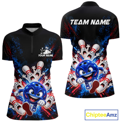 Custom Funny Blue Bowling Ball and Pins Bowling Team Jerseys for Women Bowling League Shirt HNT574