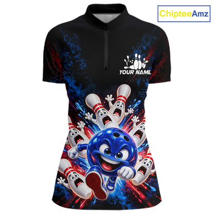 Custom Funny Blue Bowling Ball and Pins Bowling Team Jerseys for Women Bowling League Shirt HNT574
