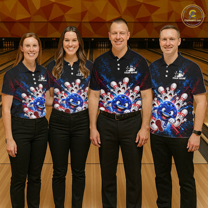 Custom Funny Blue Bowling Ball and Pins Bowling Team Jerseys for Women Bowling League Shirt HNT574