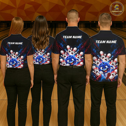 Custom Funny Blue Bowling Ball and Pins Bowling Team Jerseys for Men Bowling League Shirt HNT574