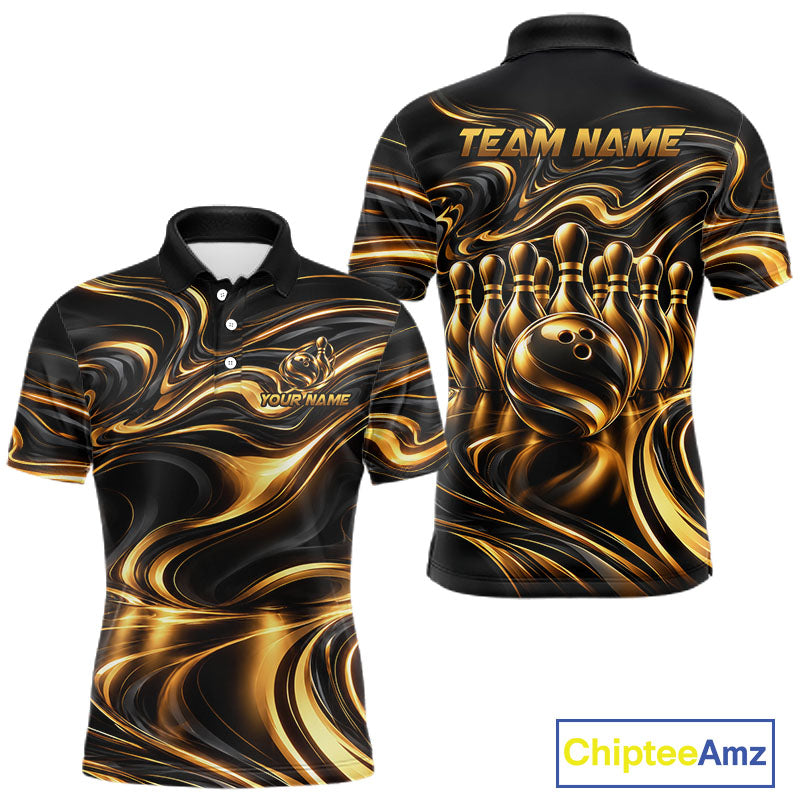 Custom Black Gold Wave Bowling Shirts For Men, Bowling Team Jersey Bowling Tournament HNT647