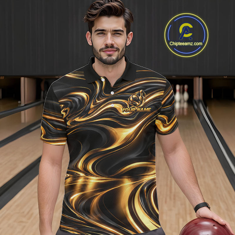 Custom Black Gold Wave Bowling Shirts For Men, Bowling Team Jersey Bowling Tournament HNT647