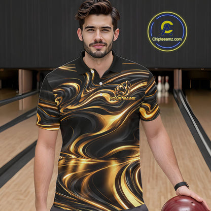 Custom Black Gold Wave Bowling Shirts For Men, Bowling Team Jersey Bowling Tournament HNT647