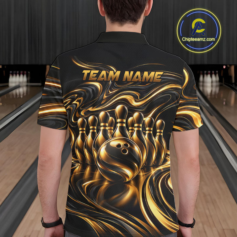 Custom Black Gold Wave Bowling Shirts For Men, Bowling Team Jersey Bowling Tournament HNT647