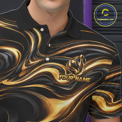 Custom Black Gold Wave Bowling Shirts For Men, Bowling Team Jersey Bowling Tournament HNT647