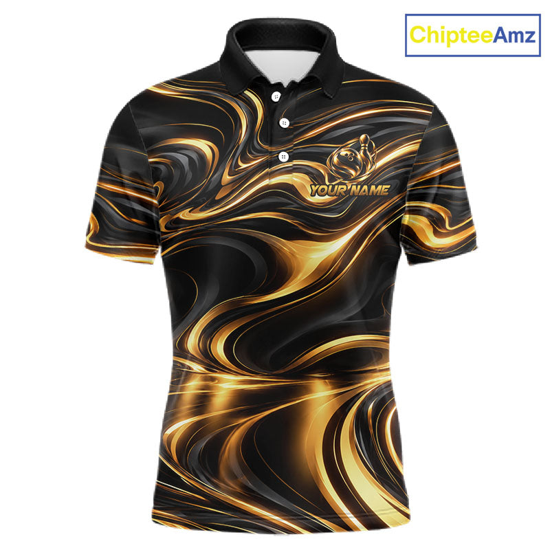 Custom Black Gold Wave Bowling Shirts For Men, Bowling Team Jersey Bowling Tournament HNT647