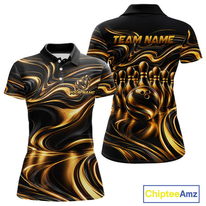 Custom Black Gold Wave Bowling Shirts For Women, Bowling Team Jersey Bowling Tournament HNT647