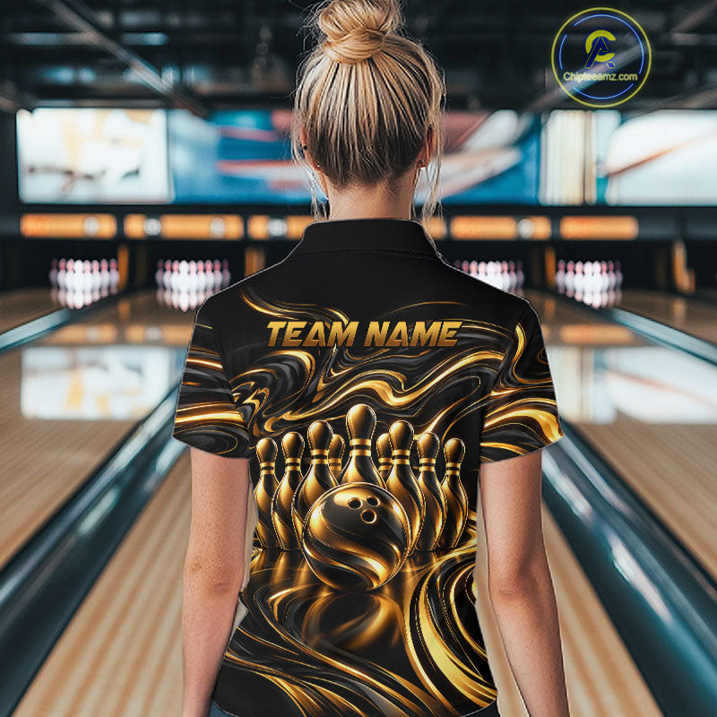 Custom Black Gold Wave Bowling Shirts For Women, Bowling Team Jersey Bowling Tournament HNT647