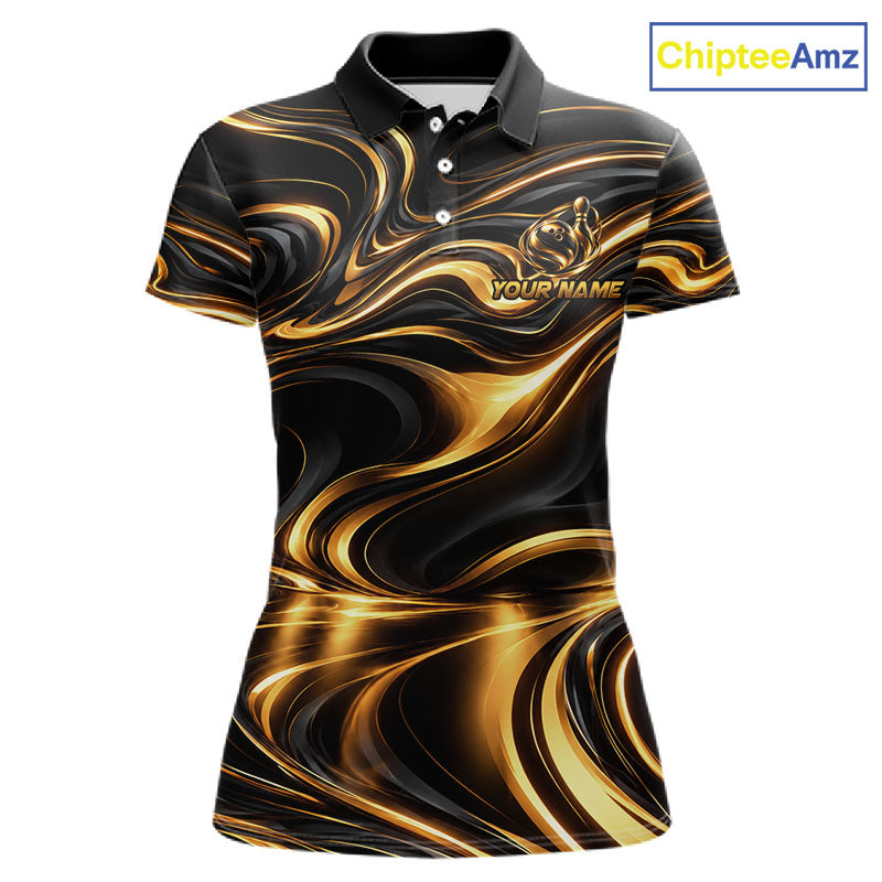 Custom Black Gold Wave Bowling Shirts For Women, Bowling Team Jersey Bowling Tournament HNT647