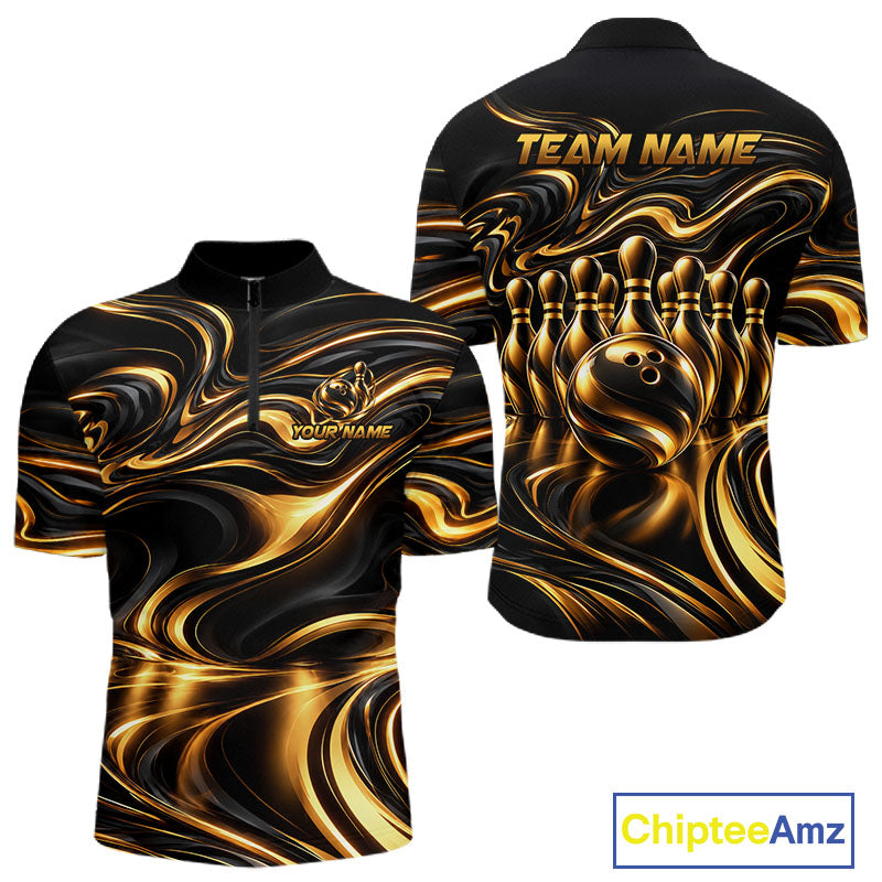 Custom Black Gold Wave Bowling Shirts For Men, Bowling Team Jersey Bowling Tournament HNT647