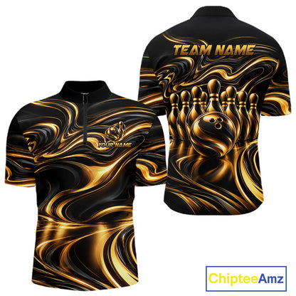 Custom Black Gold Wave Bowling Shirts For Men, Bowling Team Jersey Bowling Tournament HNT647