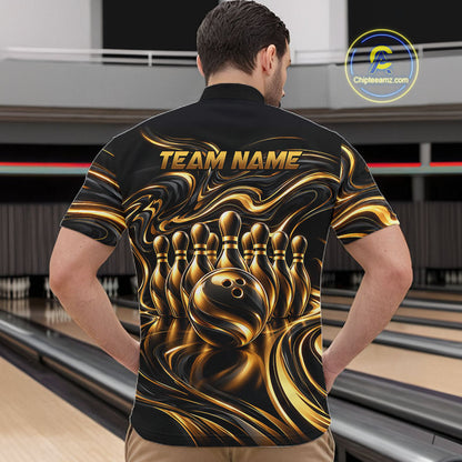 Custom Black Gold Wave Bowling Shirts For Men, Bowling Team Jersey Bowling Tournament HNT647