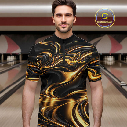 Custom Black Gold Wave Bowling Shirts For Men, Bowling Team Jersey Bowling Tournament HNT647