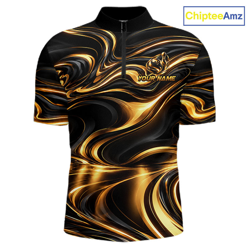 Custom Black Gold Wave Bowling Shirts For Men, Bowling Team Jersey Bowling Tournament HNT647