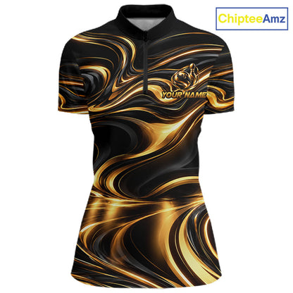 Custom Black Gold Wave Bowling Shirts For Women, Bowling Team Jersey Bowling Tournament HNT647