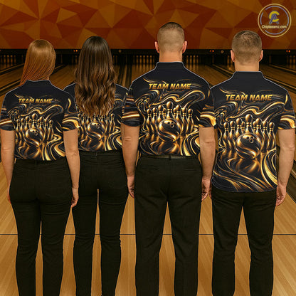Custom Black Gold Wave Bowling Shirts For Women, Bowling Team Jersey Bowling Tournament HNT647