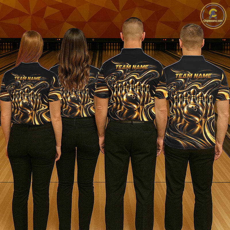 Custom Black Gold Wave Bowling Shirts For Men, Bowling Team Jersey Bowling Tournament HNT647