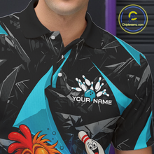 Load image into Gallery viewer, Black and blue bowling-themed shirt with a logo and text on a dark background
