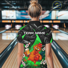 Load image into Gallery viewer, Woman wearing a black and green bowling polo featuring a wild rooster mascot holding a beer mug and red bowling ball, with custom team name text.