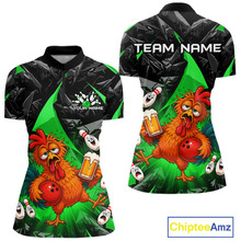 Load image into Gallery viewer, Front and back views of a black and green bowling quarter zip featuring a wild rooster mascot holding a beer mug and red bowling ball, with custom team text.