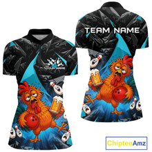 Load image into Gallery viewer, Front and back views of a black and turquoise bowling polo featuring a wild rooster mascot holding a beer mug and red bowling ball, with custom team text.