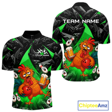 Load image into Gallery viewer, Front and back views of a black and green bowling quarter zip featuring a wild rooster mascot holding a beer mug and red bowling ball, with custom team text.