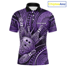 Load image into Gallery viewer, Front personalized bowling polo shirt with bowling balls and pins arranged within purple polynesian tribal patterned artwork across a dark layout.